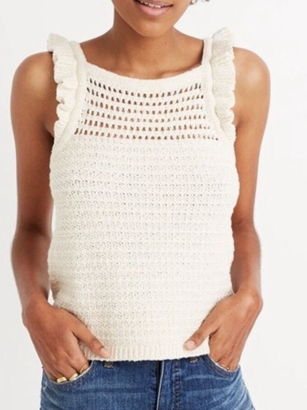 Madewell Cream Crochet Ruffle-Strap Tank